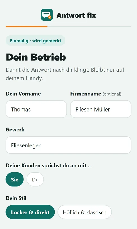 App Antwort fix: Vorname, Firmenname, Gewerk und Ton einmalig eintragen