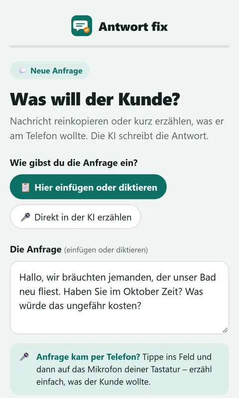 App Antwort fix: Kundenanfrage einfügen und Antwort-Art wählen